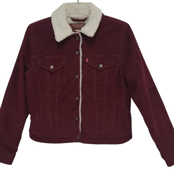 NWT Levi's Original Trucker Jacket Corduroy Sherpa Women's XS Irregular Burgundy - Picture 3 of 16